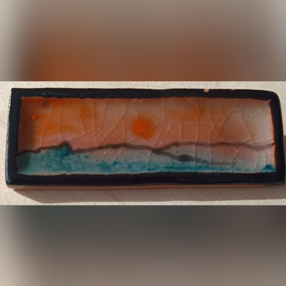 Handmade Landscape Enamel Brooch in Orange and Teal